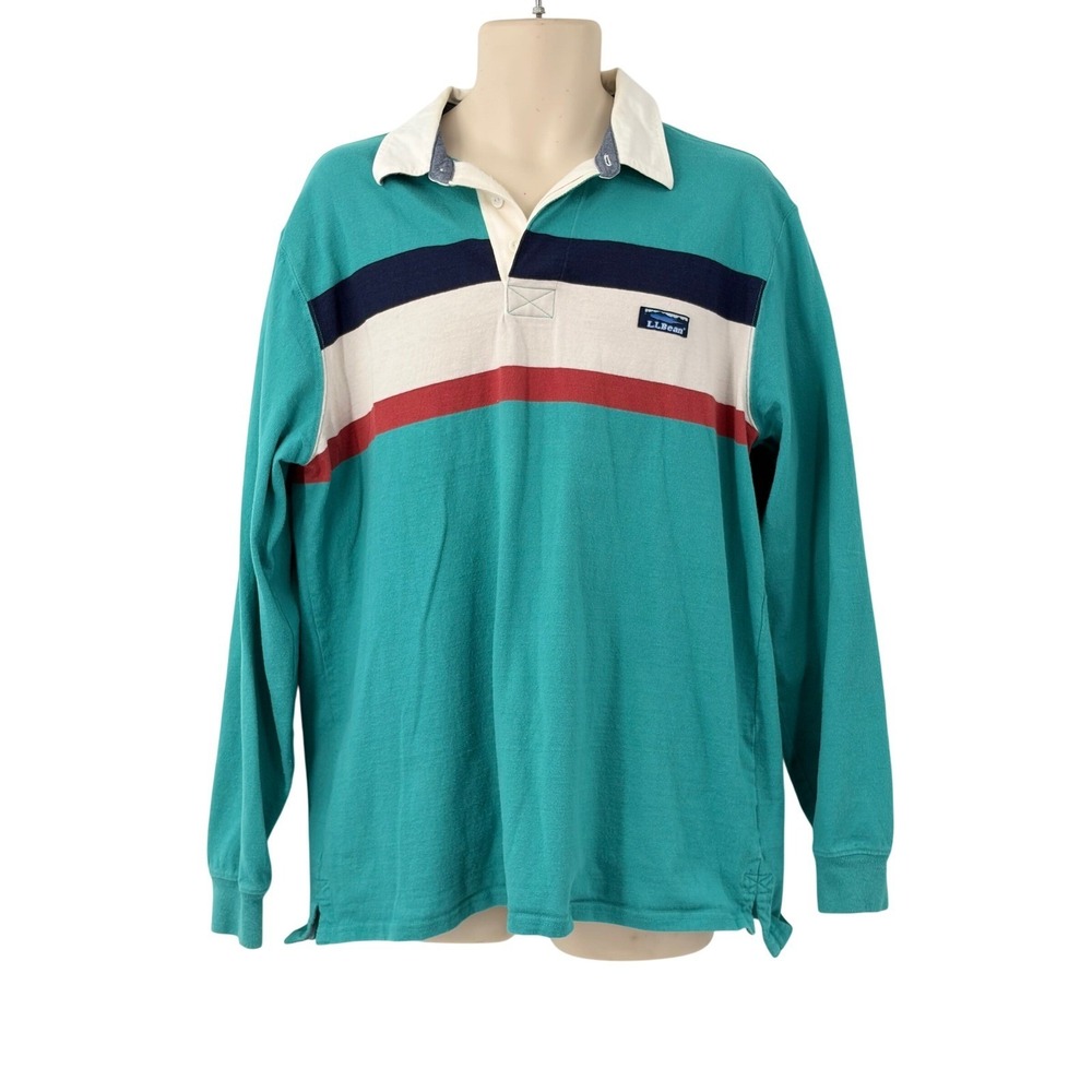 LL Bean Mens Rugby Shirt Teal Green Striped Long Sleeve Cotton Polo Size L Reg